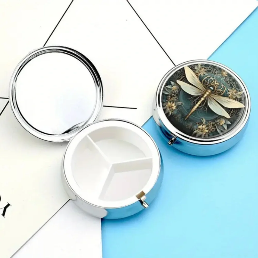 Teal Gold Dragonfly Pill Box Mirror 3 Compartment Travel Case